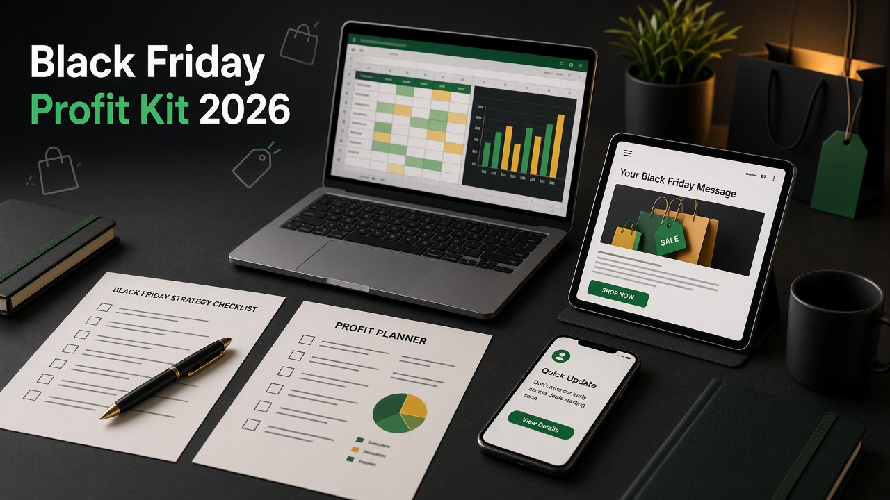 Illustrative mockup of the kit: spreadsheet, checklist, email and text message on devices